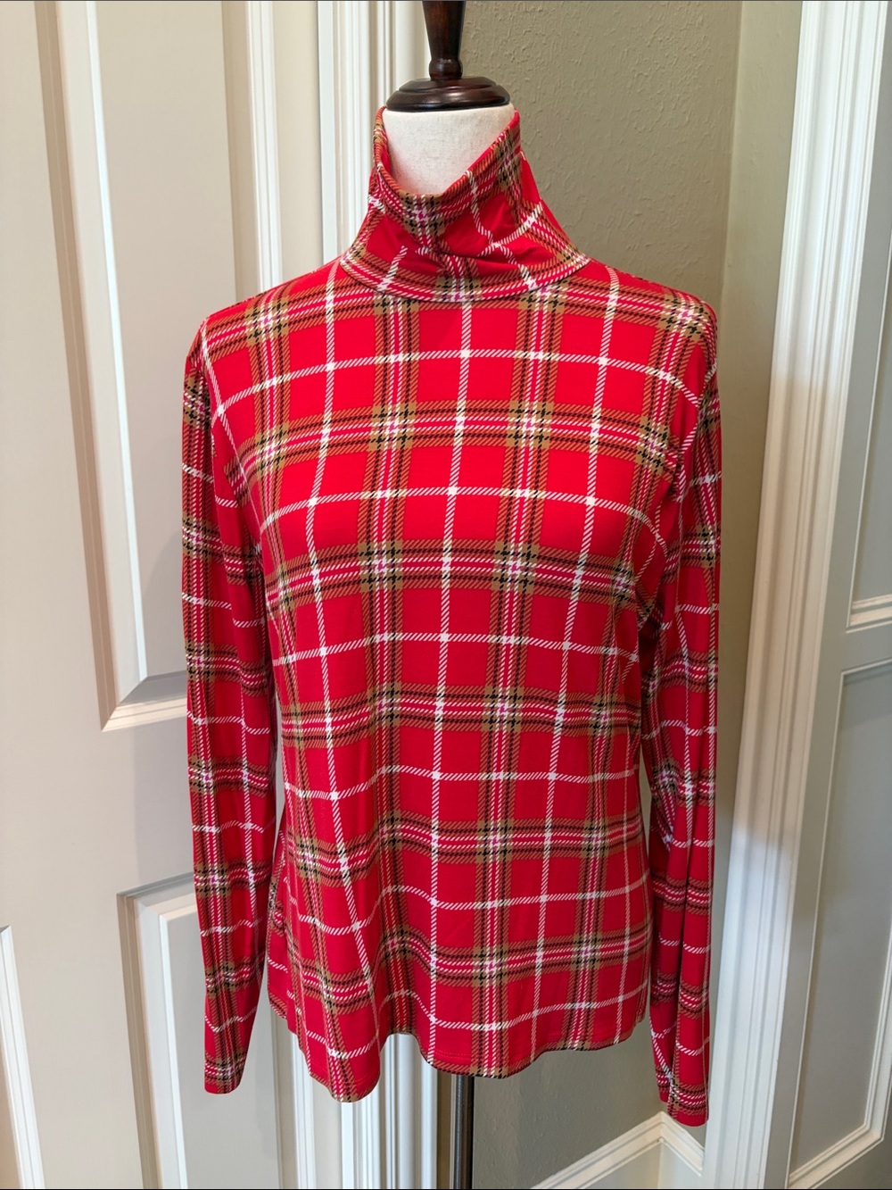 Ann Taylor Red Plaid Turtleneck Top L